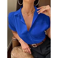 Women's Tops Sexy Tops for Women Shirts Solid Button Up Pocket Patched Blouse (Color : Royal Blue, Size : X-Small)