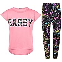 Girls Top Kids Sassy Print Contrast T Shirt Tops & Legging - Sassy Set 334 Baby Pink_7-8
