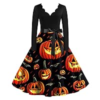 Women's Pumpkin Bat Vintage Dresses 2023 Fit and Flare Dress Womens Fall Fashion Long Sleeve Party Vintage Halloween Dress