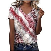Women's Short Sleeve V-Neck Shirts 2024 Loose Casual Tee Blouses Sequin T-Shirt Ummer Tops Loose Fit for Leggings