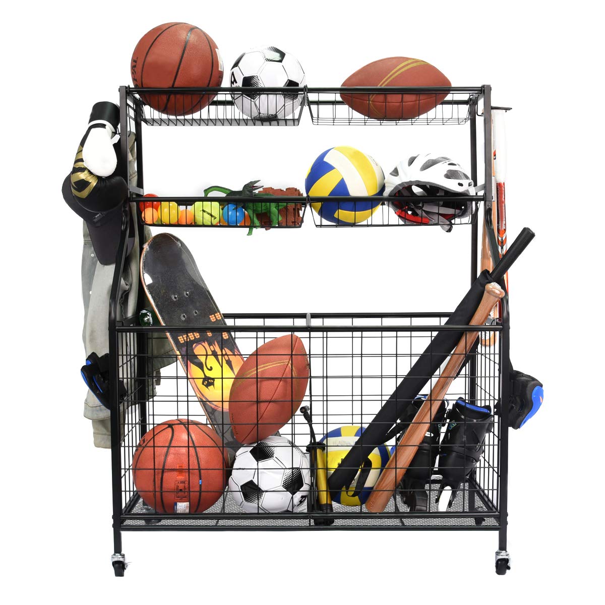 Kinghouse Garage Sports Equipment Organizer, Ball Storage Rack, Garage Ball Storage, Sports Gear Storage, Garage Organizer with Baskets and Hooks, Rolling Sports Ball Storage Cart, Black, Steel