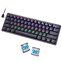 Redragon Mechanical Wired Mini Keyboard, Low-Profile Blue Switches, Tactile Clicky Keys, 18 LED Backlits, USB-C, Hot-Swappable, Portable, Black