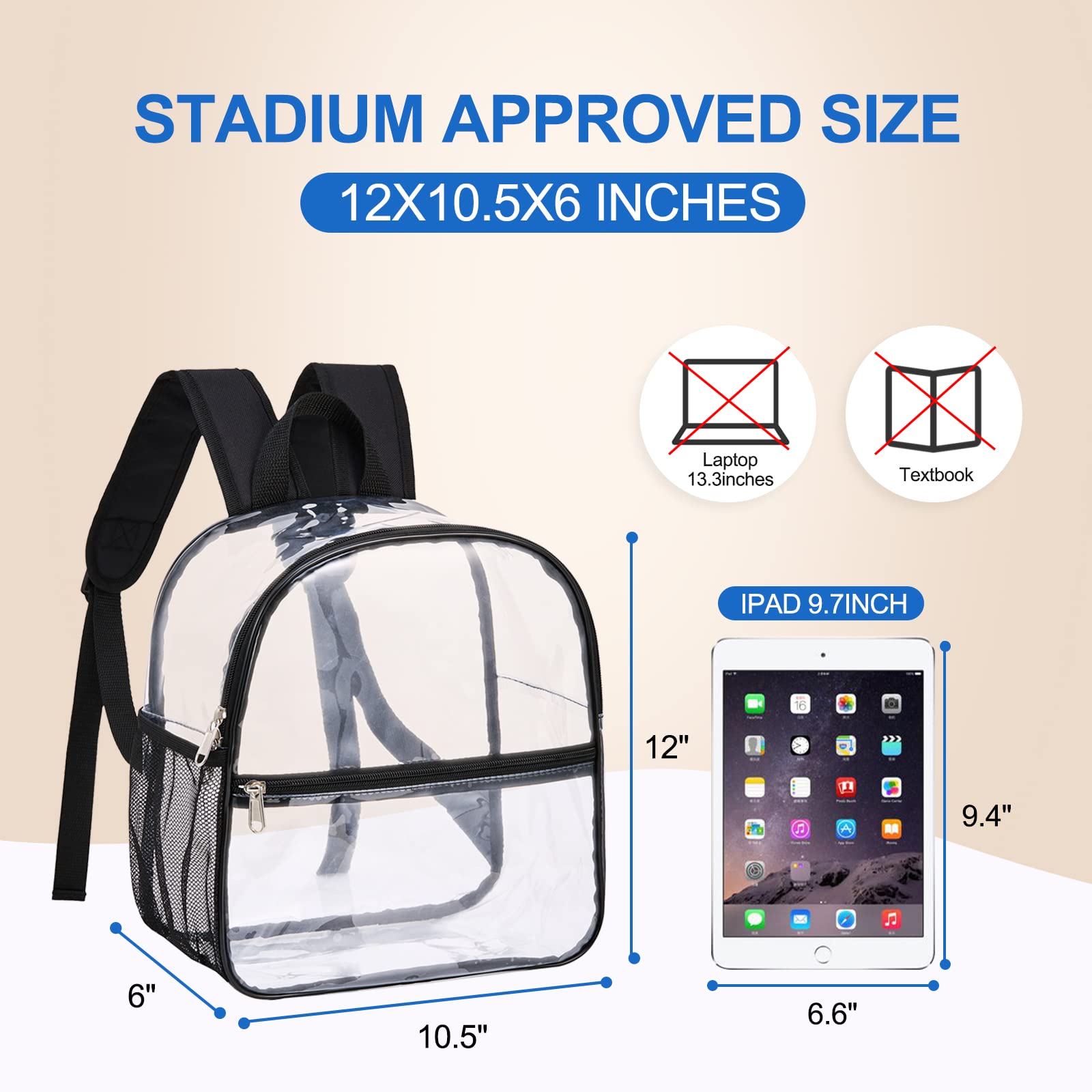 USPECLARE Clear Backpack Stadium Approved 12×6×12, Water proof Clear Bag for Concert Work Sport Event（Black）