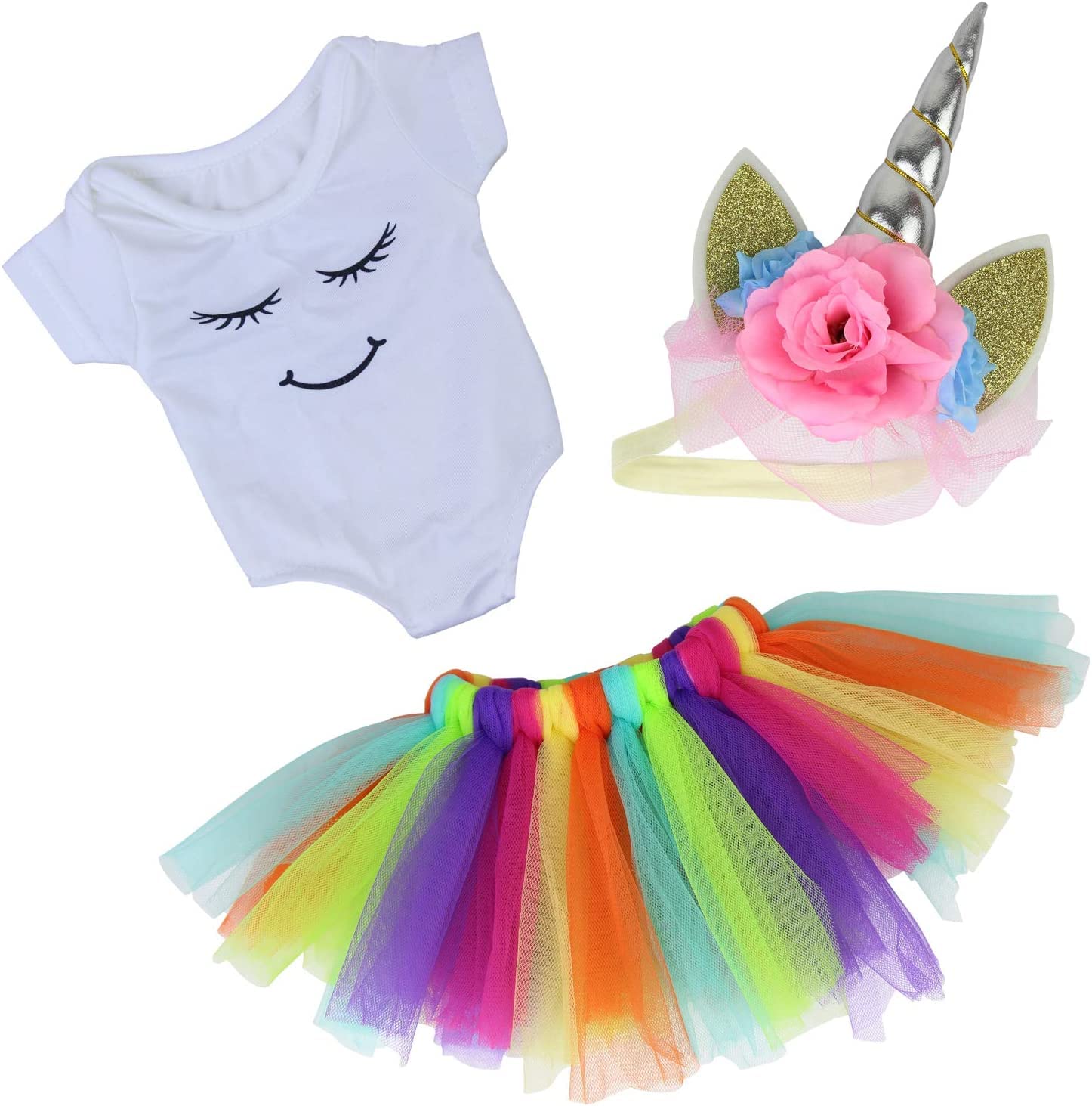 ZITA ELEMENT 18 in Girl Doll Clothes and Accessories Set - 1 Rainbow Tutu, 1 Jumpsuit and 1 Unicorn Headband for 18 Inch Dolls Girls Birthday