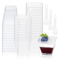 50 Pack 7 Oz Square Clear Plastic Dessert Cups,Disposable Serving Bowls with Spoons,Mini Yogurt Parfait Cups Containers for Ice Cream, Salad,Jello,Candy,Appetizers Mousse Cups