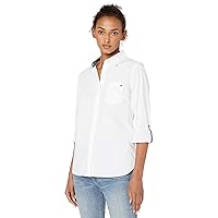 Tommy Hilfiger Women's Solid Button Collared Shirt with Adjustable Sleeves, Bright White, XS