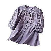 Summer Linen Embroidered Floral Blouses Women 3/4 Sleeve Button Down Dressy Shirts Bohemian Casual Loose Fit Tops
