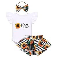 IBTOM CASTLE Baby Girls Outfit Sunflower Mouse Peach Romper+Ruffled Shorts+Headband 3PCS Summer Clothes Set