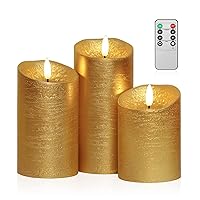 Flickering Flameless Candles with Timer, Remote Control Candles Set of 3, LED Battery Operated Candles for Christmas Home Decoration, Gold