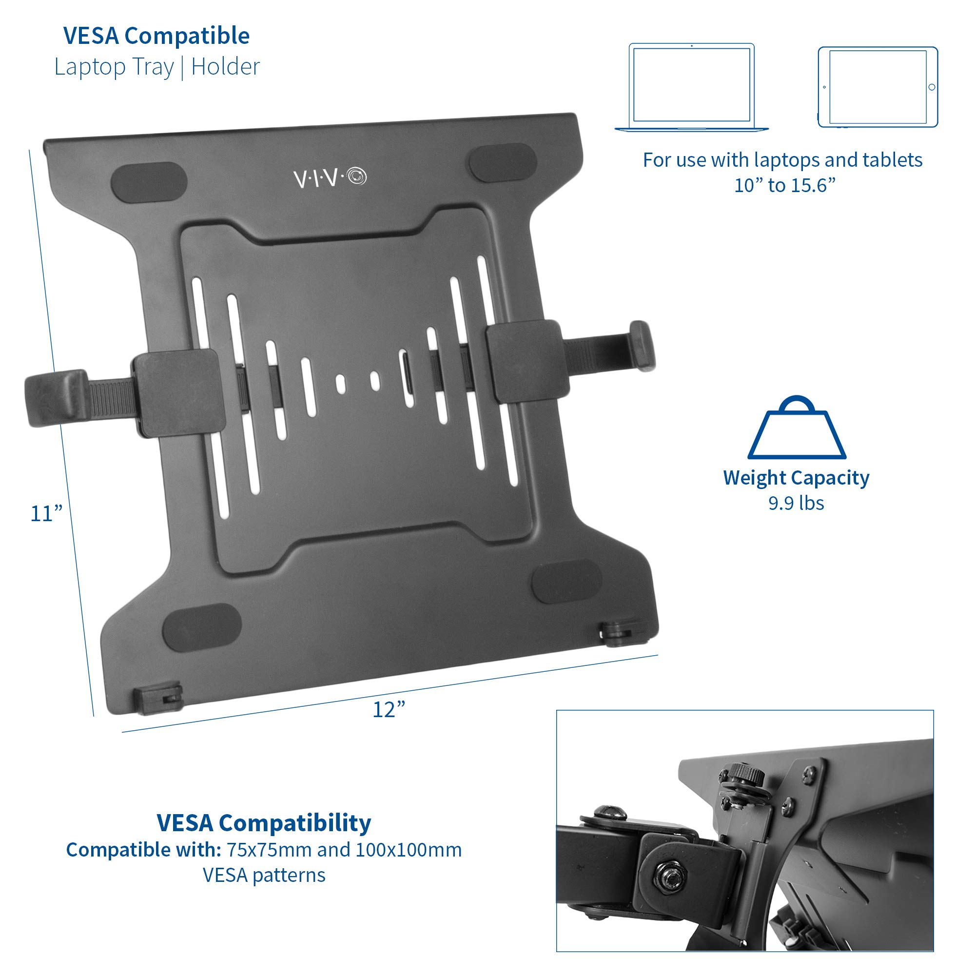 VIVO Universal Adjustable 10 to 15.6 inch Laptop Mount Holder for VESA Compatible Monitor Arms, Notebook Tray Stand-LAP3