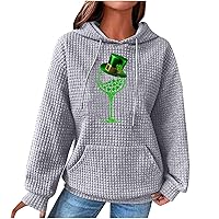Women's Pullover Sweatshirt Drawstring Green Wine Cup Printed Waffle Hoodie St Patricks Day Long Sleeve Tops with Pocket