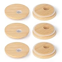 sungwoo Bamboo Lids with Straw Hole, Reusable Wooden Lids for Glass Cups, 2.76inch/70mm Canning Lids with Silicone Ring for Regular Mouth Drinking Jars, Replacement Bamboo Lids for Beer Glasses 6 PCS