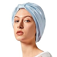 Mommesilk 22 Momme Silk Sleeping Cap for Women 100% Real Mulberry Silk Turban Hair Wrap Bonnet Curly Hair Elastic Band Soft Cool Blue Silk Night Caps