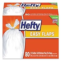 Hefty E84563 Easy Flaps Trash Bags, 13 gal, 0.8 mil, 23.75-Inch x 28-Inch, White, 80/Box