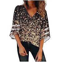 Womens Trendy Tops 3/4 Sleeve Printed Womens Blouses and Tops Dressy V-Neck Loose Fall Tops for Women