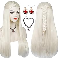 Long Blonde Braided Princess Wig for Women Adult, Straight Synthetic Hair Wig & Necklace & Earrings + Wig Cap for Halloween Costume Cosplay