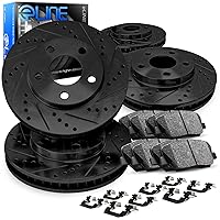 R1 Concepts Front Rear Black Drilled and Slotted Brake Rotors with Ceramic Pads and Hardware Kit Compatible For 2002-2006 Acura, Honda Civic, RSX