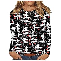 Christmas T Shirts for Women Fashion Xmas Print Button Henley Shirt Long Sleeve Loose Fit Blouses Casual Tops