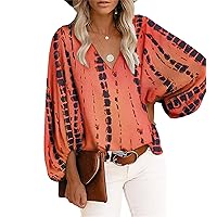 Women's V-Neck Shirt Printed Balloon Sleeve Top Floral Casual Blouse Shirts Fashion Long Sleeve Loose Blouses Tops
