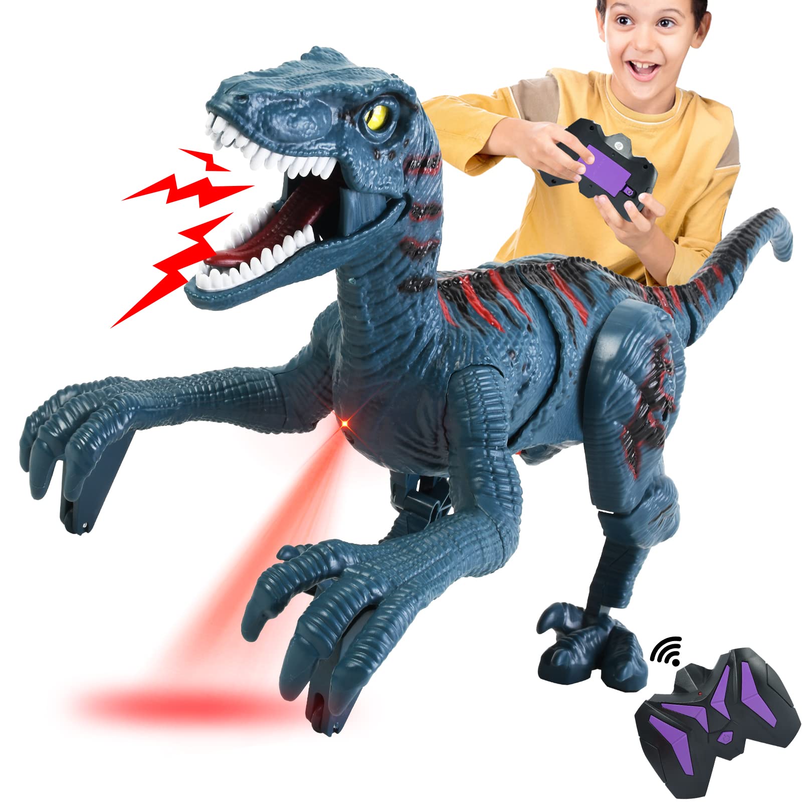 Remote Control Dinosaur Toys for Kids - Walking Robot Dinosaur Toy for Boys Age 5-7, RC Jurassic Velociraptor Toys 8-12, Robotic Blue Dino with Light Sounds, Birthday Dinosaur Gifts Toys 3+ Year Old