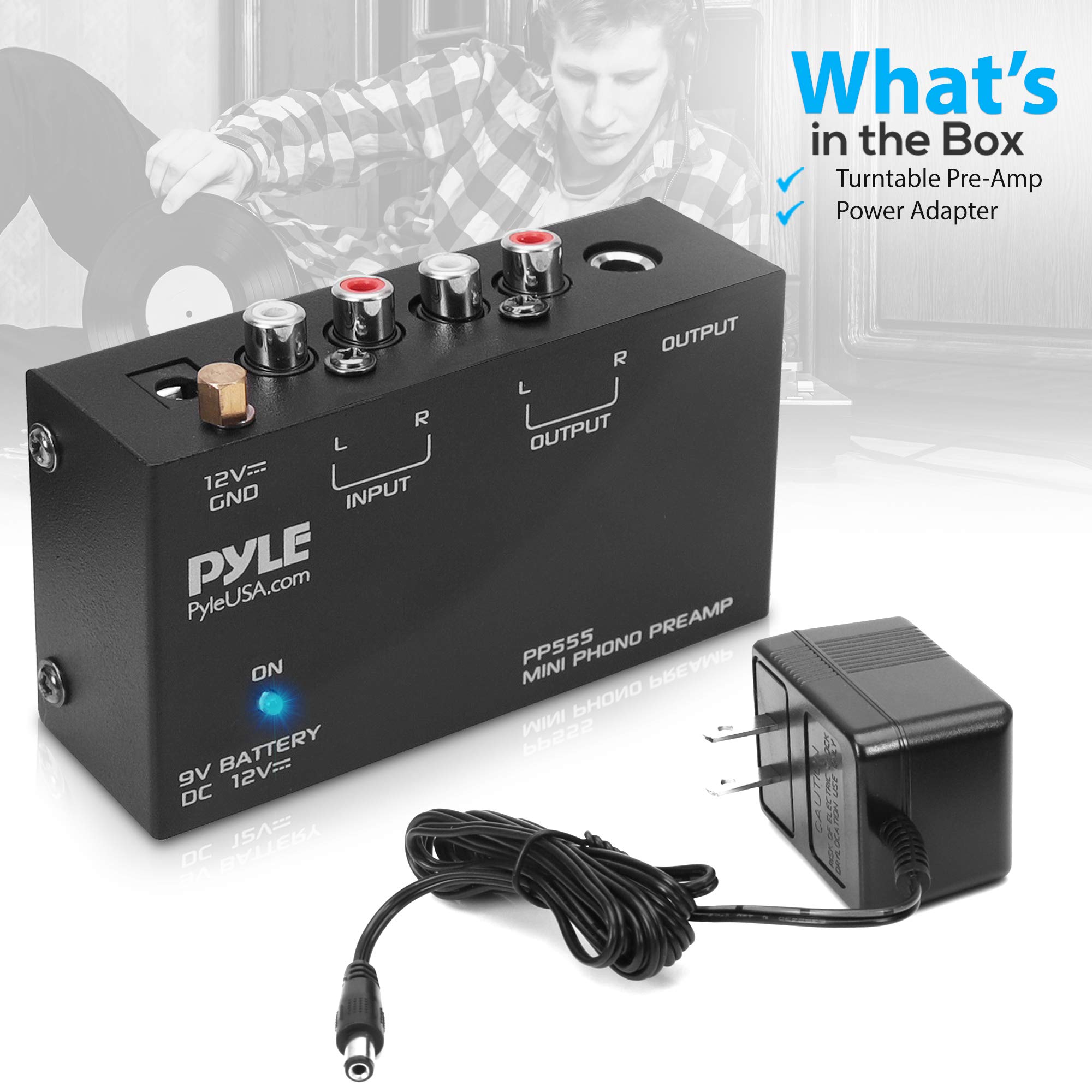 Pyle Phono Turntable Preamp - Mini Electronic Audio Stereo Phonograph Preamplifier with 9V Battery Compartment, Separate DC 12V Power Adapter, RCA Input, RCA Output & Low Noise Operation (PP555) BLACK