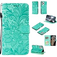Ultra Slim Case for iPhone 12/12 Pro Lace Flower Horizontal Flip Leather Case with Holder & Card Slots & Wallet & Photo Frame Phone Back Cover (Color : Green)