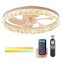 Modern Flush Mount Ceiling Fan with Lights, Fandelier Ceiling Fan with Dimmable LED Lights Remote Control, Bladeless Reversible Low Profile Ceiling Fan Light Dimming 6 Speeds Timing