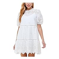 Womens White Eyelet Embroidered Short Bubble Sleeves Mock Neck Short Party Baby Doll Dress Juniors S