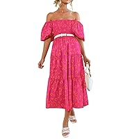 PRETTYGARDEN Womens Summer Puffy Short Sleeve Square Neck Smocked Tiered Ruffle Midi Dress
