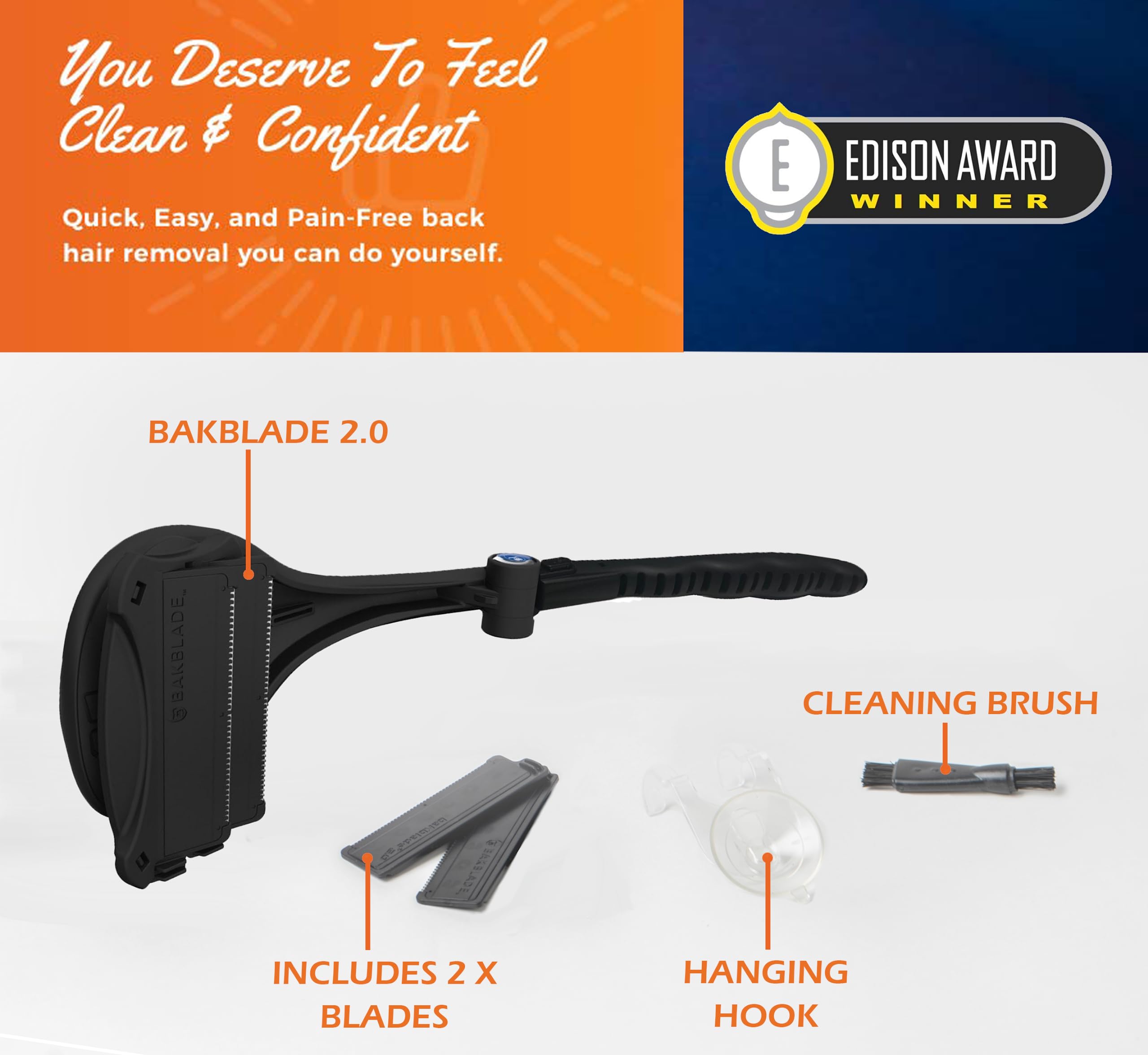 baKblade 2.0 PLUS - Back Shaver for Men (DIY), Ergonomic Handle, Shave Wet or Dry (Extra Blades Included)