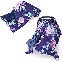 Peekaboo Opening Car Seat Cover & Minky Toddler Blanket for Boys Girls, Purple Flower Car seat Canopy Baby Blankets, Soft Fabric