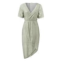 Summer Dresses for Women 2024 Maxi Work, Women Sexy Deep V Sequins Wrap Ruched Short Sleeve Formal Dress Night