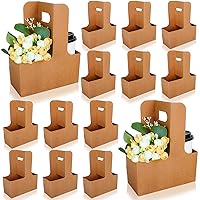 Whaline Kraft Flower Gift Bags 20Pcs Drink Carrier with Handle to 2 Cup Rectangle Floral Wrap Packing Box Kraft Paper Flower Holder Basket for Mother Day Birthday Graduation Wedding Party Gift Decor