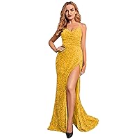 Women's Spaghetti Straps Sequins Side Slit Prom Dresses with Sweetheart Long Evening Dress
