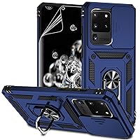 for Samsung Galaxy S20 Ultra Case with Camera Lens Cover HD Screen Protector,Military-Grade Drop Tested Magnetic Ring Holder Kickstand Protective Phone Case for Samsung Galaxy S20 Ultra 5G (Navy Blue)