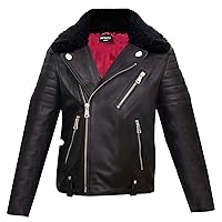 Kids Jackets Boys 100% Black Leather Detachable Sheepskin Collar Biker Motorcycle Fashion Jackets (3-13 Years)