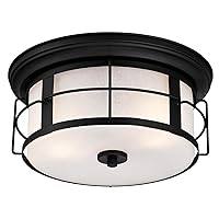 Westinghouse 6339200 Orwell Two-Light Outdoor Flush-Mount Fixture, Textured Finish Seeded, Round, Black & Frosted Glass