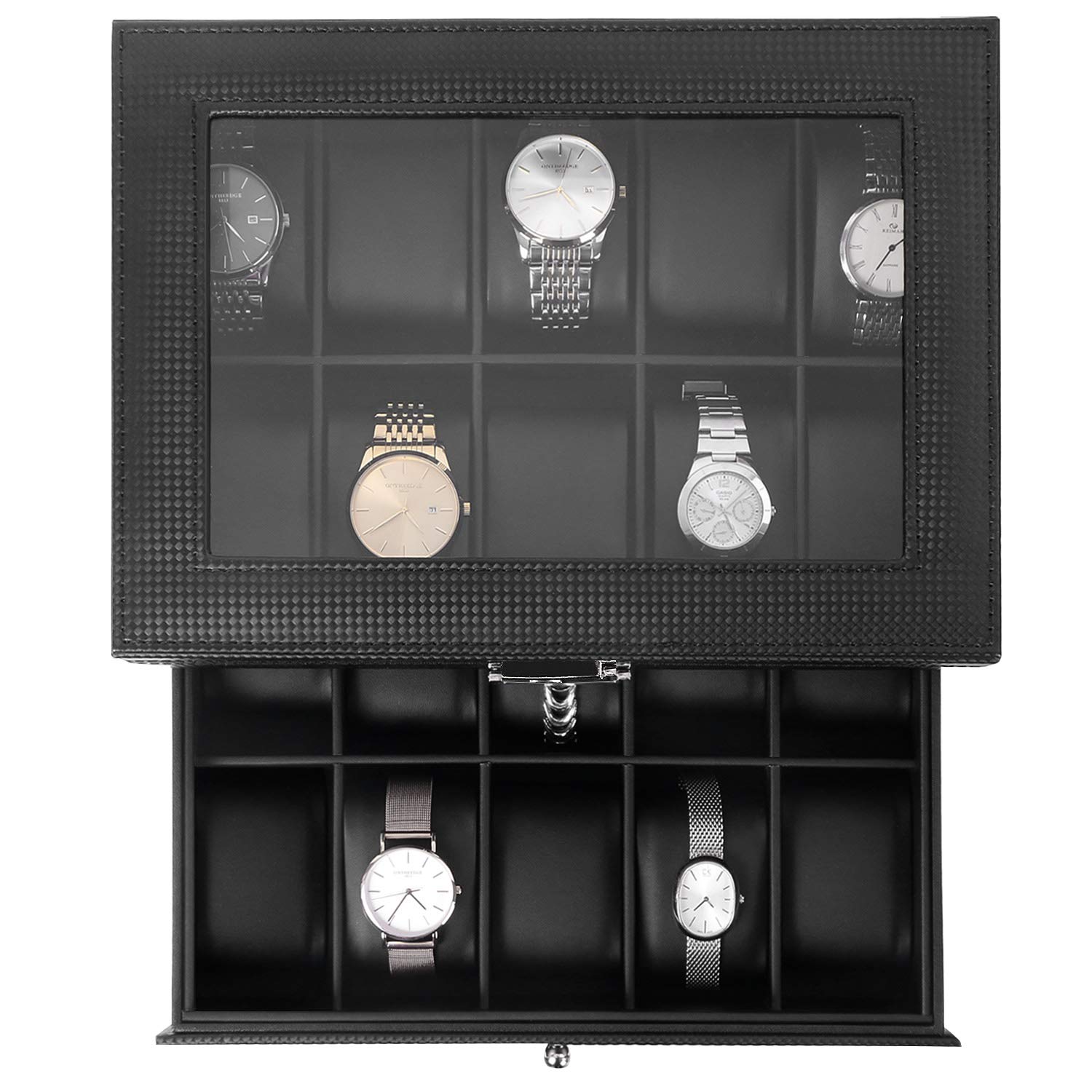 BEWISHOME 6 Watch Case and 3 Slots Sunglasses Box for Men & 20 Slots Watch Case Men Display Storage Case Metal Hinge Carbon Fiber Design Glass Top Large Holder