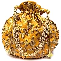 Indian Embroidered Yellow Velvet Sequence Work Potli Bag with Pearls Handle Purse Party Wear Ethnic Clutch for Women