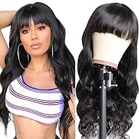 Amella Hair Brazilian Virgin Human Hair Body Wave Wigs With Bangs None Lace Front Wigs Glueless Machine Made Wigs For Black Women 150% Density Natural Color(28inch Body Wave)
