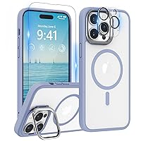 pcgaga Design for iPhone 14 Pro Max Case with Magsafe & Kickstand, 9H Tempered Glass Screen Protector & Camera Protector, Translucent Matte Shockproof Protective Phone Cover, 6.7 Inch, Lavender Grey