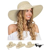 Womens Sun Hat - Wide Brim Floppy Beach Hats for Women Foldable Straw Hat with Heart Shaped Sunglasses UPF 50+, C-Beige M