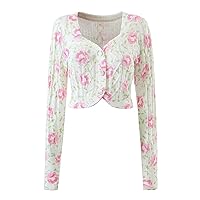 R.Vivimos Women's Fall Long Sleeve Tie-Dye Cardigan V Neck Button Front Floral Print Cable Knit Sweater Crop Tops