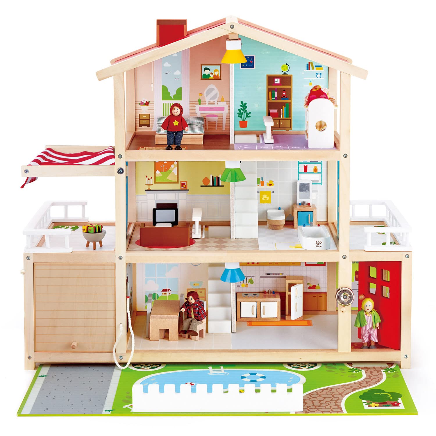 Hape Doll Family Mansion| Award Winning 10 Bedroom Doll House, Wooden Play Mansion with Accessories for Ages 3+ Years Multicolor, L: 31.6, W: 11.4, H: 28.4 inch