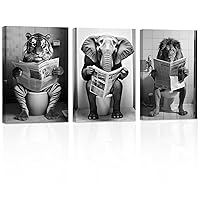ZXHYWYM Funny Bathroom Animal Wall Art 3 Pieces Cute Tiger Elephant Lion Reading Newspaper on Toilet Poster Black White Canvas Prints for Rustic Restroom Framed(2, (24.00