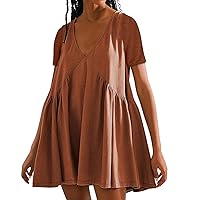 Women's Linen Dresses 2024 Fashion Short Sleeve V-Neck Solid Color Casual Loose T Shirt Dresses, S-3XL