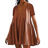 NBXNZWF Womens Casual Summer Dresses Short Sleeve V-Neck Solid Color Flowy Loose Babydoll T-Shirt Mini Sundresses