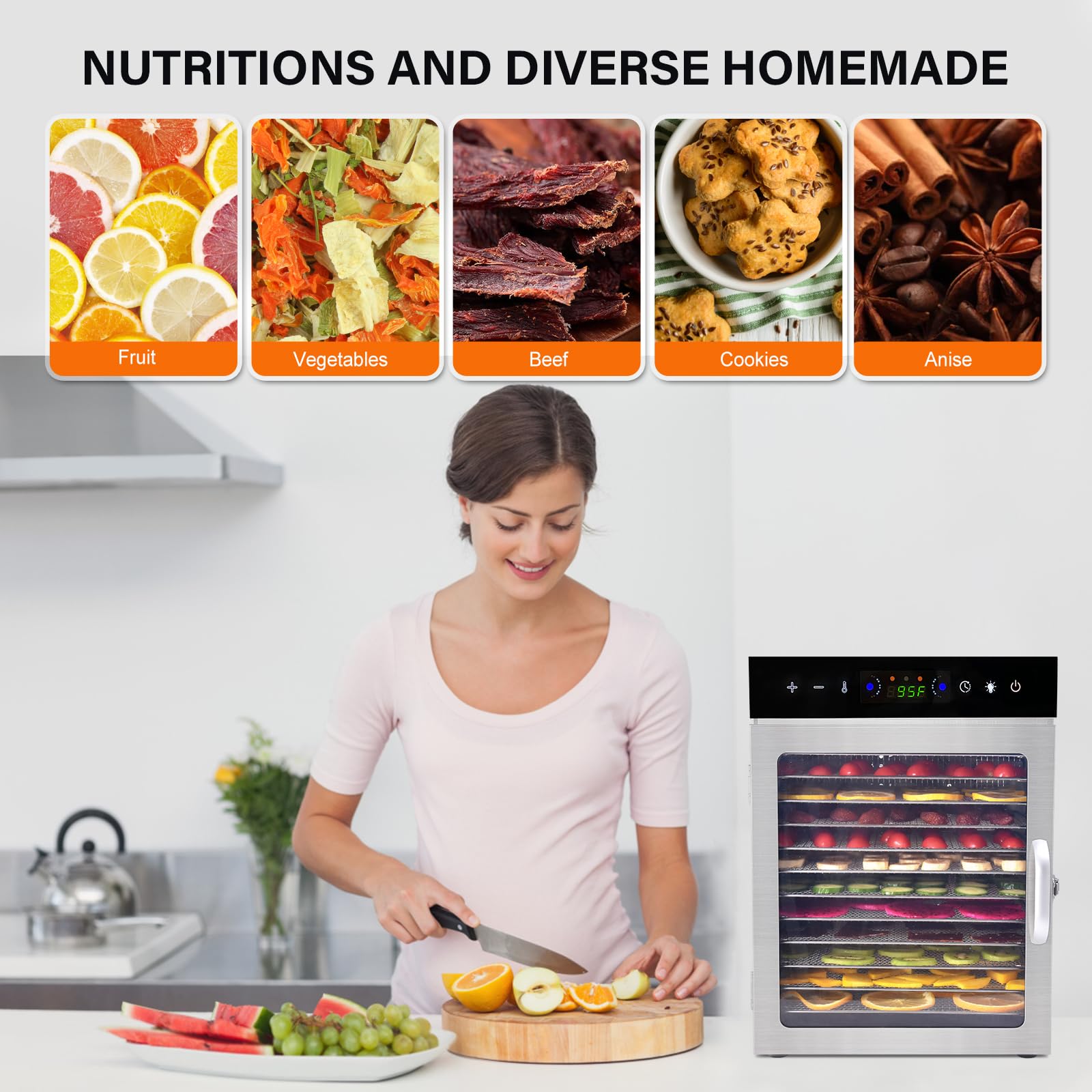 HOPERAN Food Dehydrator, 12 Stainless Steel Trays Dehydrators for Food and Jerky, Herbs, Fruit, Dehydrator Machine with Digital Timer and Temperature Control, Overheat Protection, Recipe Book Included