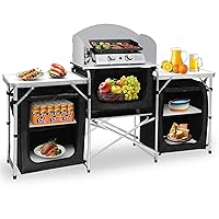 Seeutek Aluminum Portable Outdoor Camping Kitchen Table with Windscreen and 3 Storage Cupboards, Black, 68.5inL x 16.5inW x 43.5inH