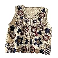 Women Hollow Crochet Knit Vest, Waistcoat Beaded Floral Button Crop Cardigan Top